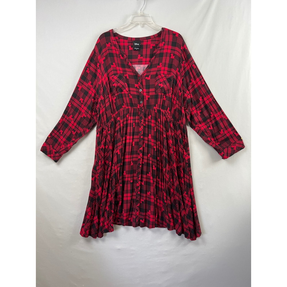 Disney Torrid 3 Plaid Mickey Mouse Dress Womens 3X Red Black Roll Tab Sleeve